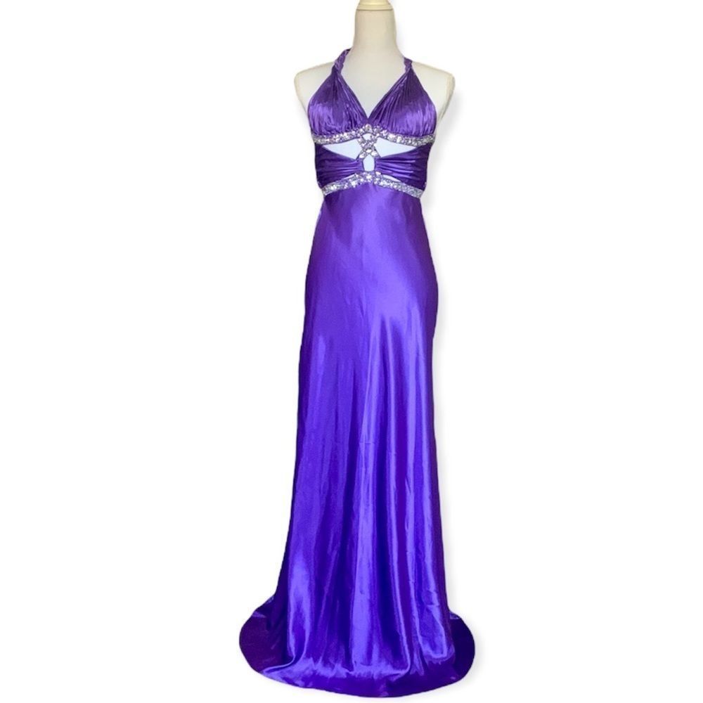 Taboo Formal Satin Purple Embellished Maxi Dress